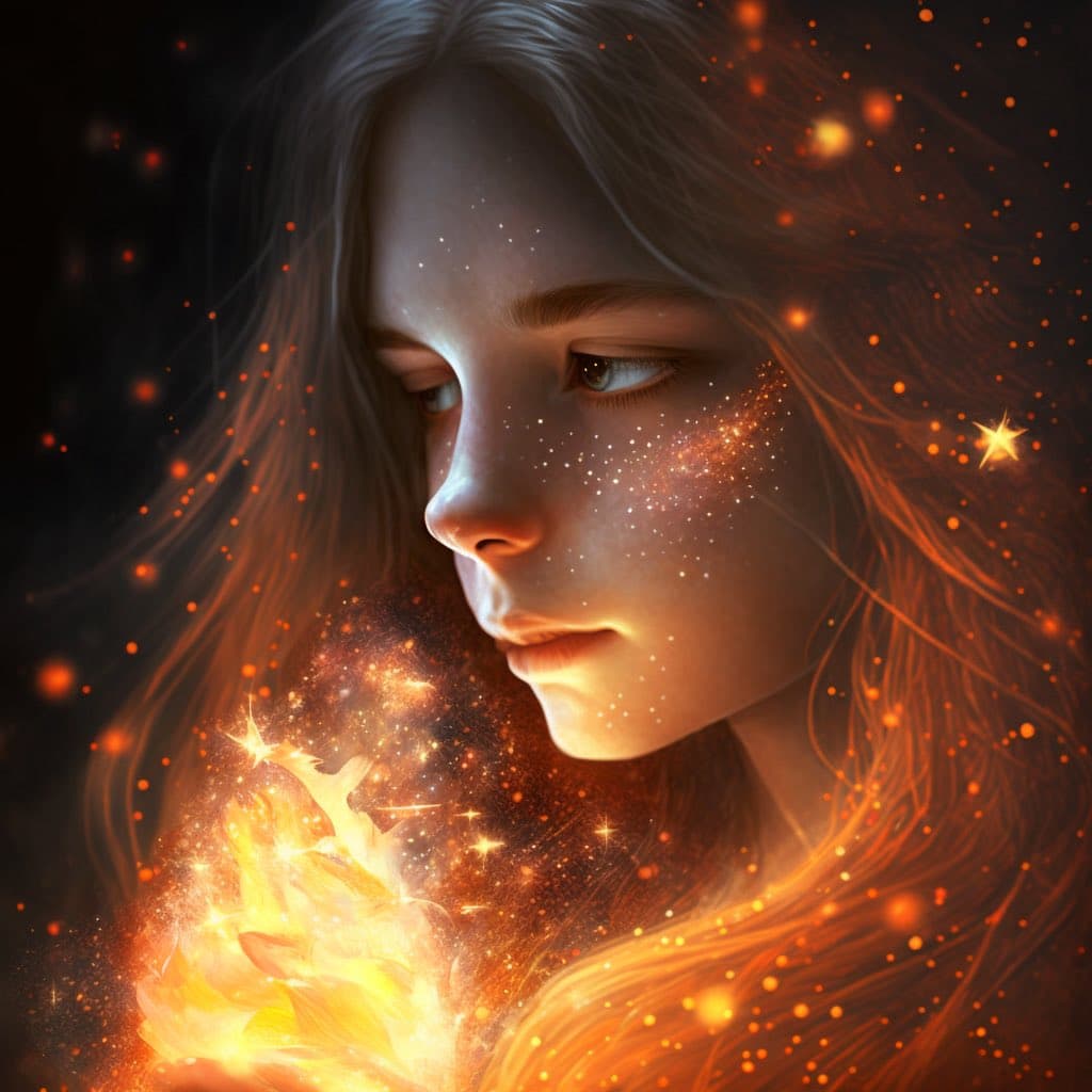 A digital fantasy illustration of a young woman with long, light hair looking down at a glowing, fiery object she holds in her hands. Her face and hair are illuminated by warm orange light and surrounded by floating, sparkling embers against a dark background.