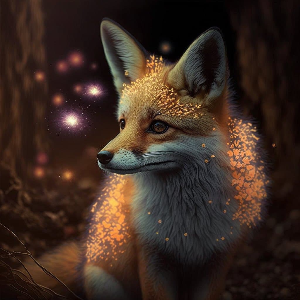 A digital illustration of a red fox sitting in a dark, forested setting, with glowing golden particles and sparkles adorning its fur and the surrounding air. The fox is shown in profile, looking to the left, with a soft, ethereal light illuminating its face and body.