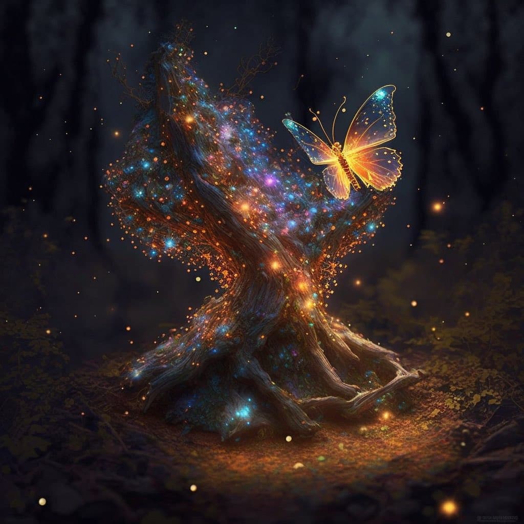 A digital fantasy illustration depicting a glowing, translucent butterfly perched on a gnarled tree trunk that is illuminated with colorful, star-like particles against a dark forest background.