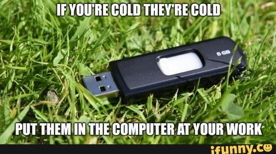 A meme featuring a black 8GB USB flash drive lying on green grass. The image has white text overlaid at the top and bottom. The top text reads "IF YOU'RE COLD THEY'RE COLD" and the bottom text reads "PUT THEM IN THE COMPUTER AT YOUR WORK". A watermark for "ifunny.co" is visible in the bottom right corner.