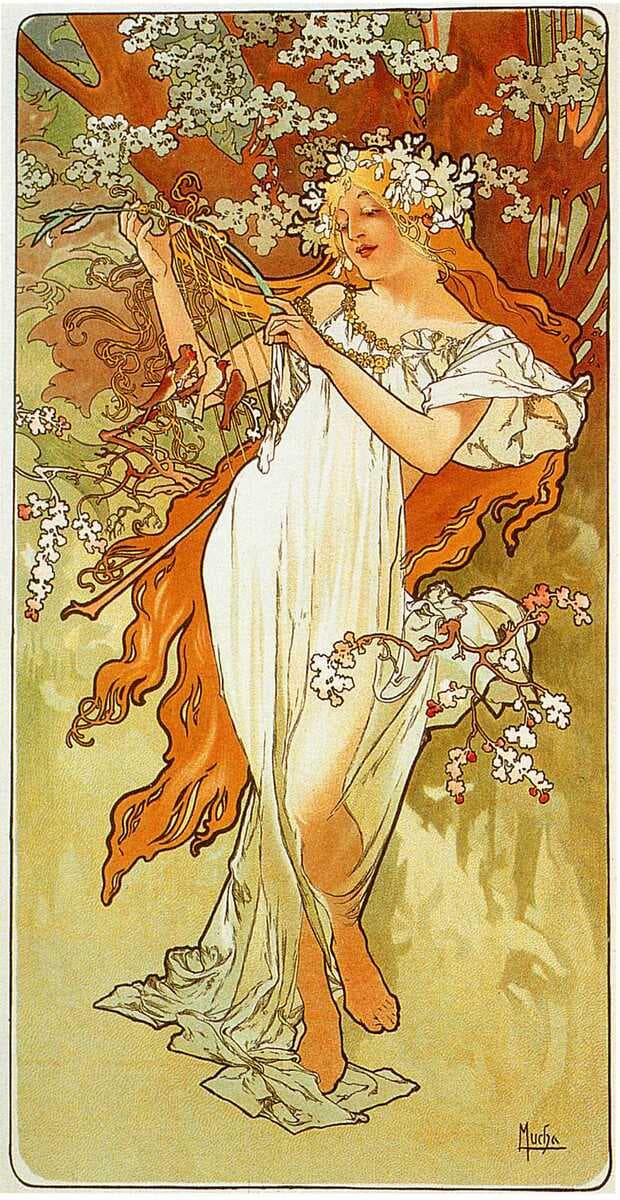 A vertical Art Nouveau illustration by Alphonse Mucha depicting a woman in a flowing white dress holding a lyre, surrounded by blossoming branches and birds. The artwork features a warm color palette with prominent reds and golds, and is signed 'Mucha' in the bottom right corner.