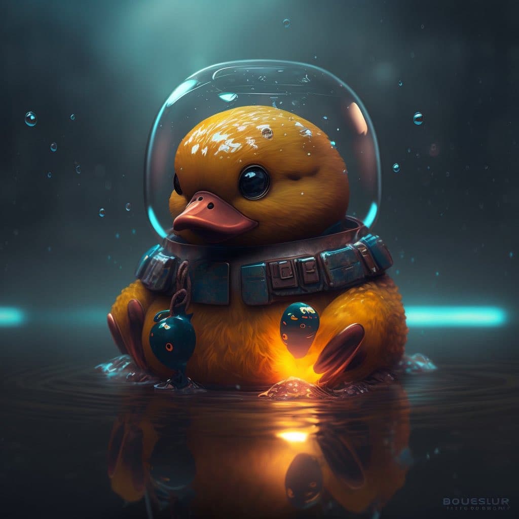 A digital illustration of a yellow rubber duck wearing a futuristic, sci-fi style diving helmet and collar, sitting in dark water with a glowing light beneath it. The image features a dark, atmospheric background with bubbles and reflections.