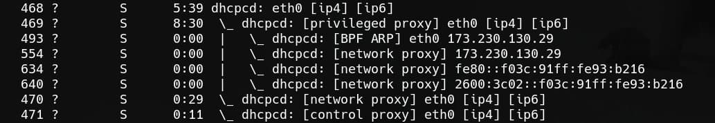 A screenshot of a terminal displaying the output of a process listing command (likely `ps`), showing multiple `dhcpd` (DHCP client) processes with their PIDs, CPU times, and command-line arguments. The output reveals a deep, recursive tree of `dhcpd` processes spawning sub-processes for various network interfaces (eth0, fe80, 2600) and proxy types (privileged, network, control, BPF ARP).