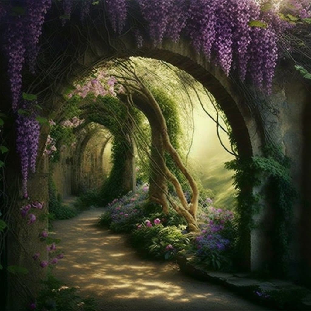 A digital painting of a sunlit garden path lined with stone arches, covered in lush green vines and hanging purple wisteria flowers. The scene is filled with dappled light and colorful flowerbeds, creating a serene and magical atmosphere.