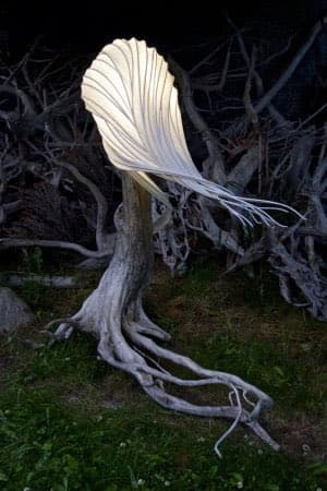 A photograph of an illuminated, organic light sculpture resembling a tree with a large, glowing, fan-shaped canopy and root-like tendrils, set against a dark background of gnarled branches and grass.
