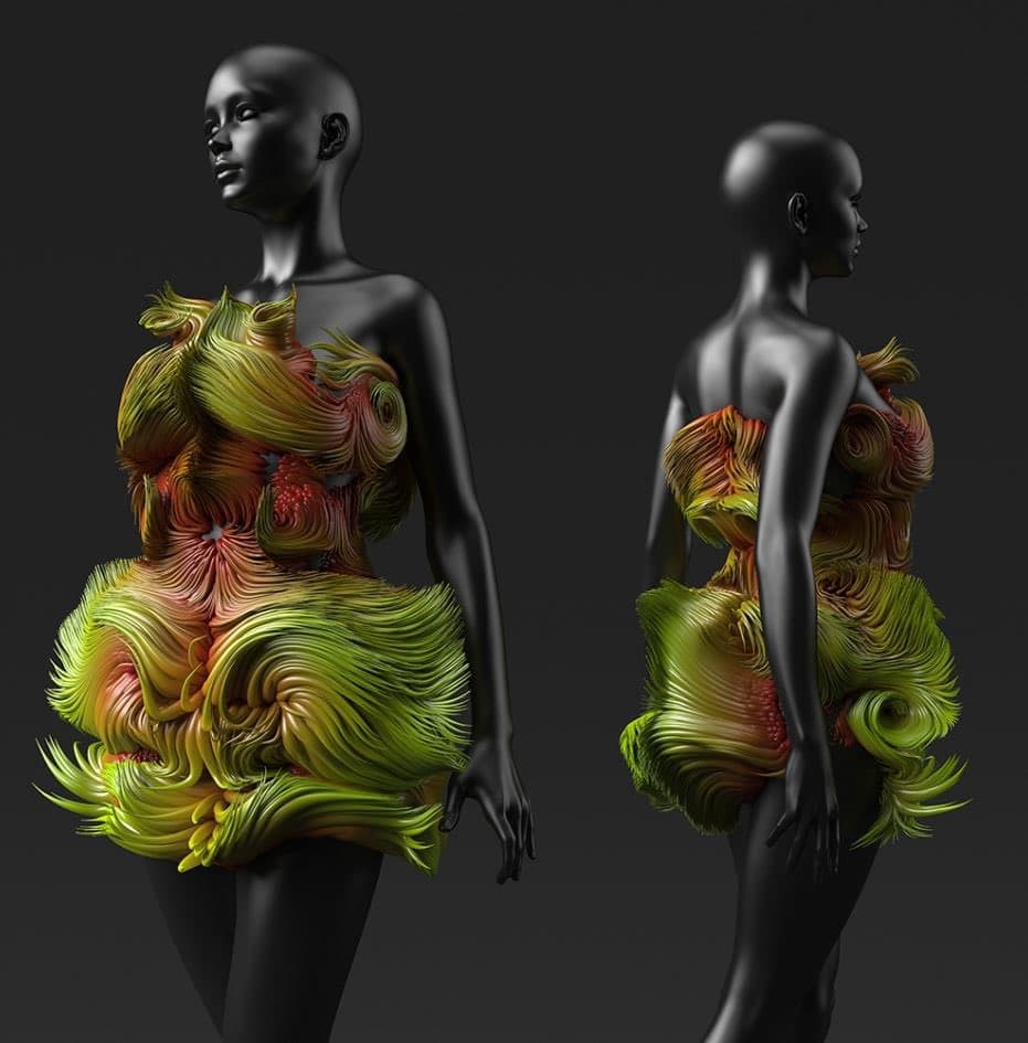 A 3D digital rendering showing two views of a black, featureless mannequin wearing a complex, organic-looking structure made of layered, 3D-printed filaments in shades of green, yellow, and orange. The structure resembles a dress or exoskeleton with a textured, fibrous appearance.