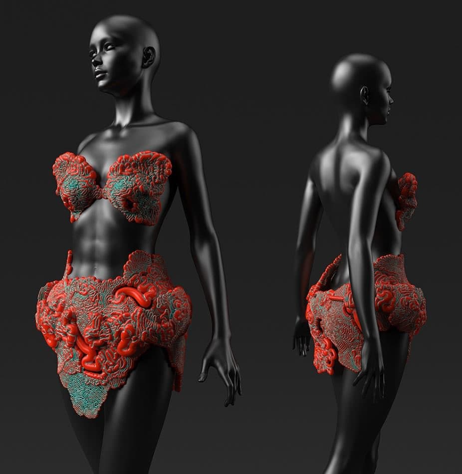 A 3D rendering showing two views of a glossy black mannequin wearing an intricate, 3D-printed red and teal bikini-style structure. The image displays the front and back of the complex, organic-looking garment against a dark background.