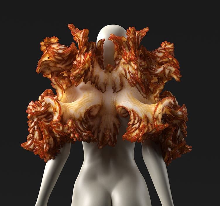 A 3D rendering of a white, featureless mannequin torso wearing a complex, organic-looking structure that covers the shoulders and upper chest. The structure has a porous, coral-like texture in shades of orange, red, and white, resembling a 3D-printed material. The background is a solid dark gray.