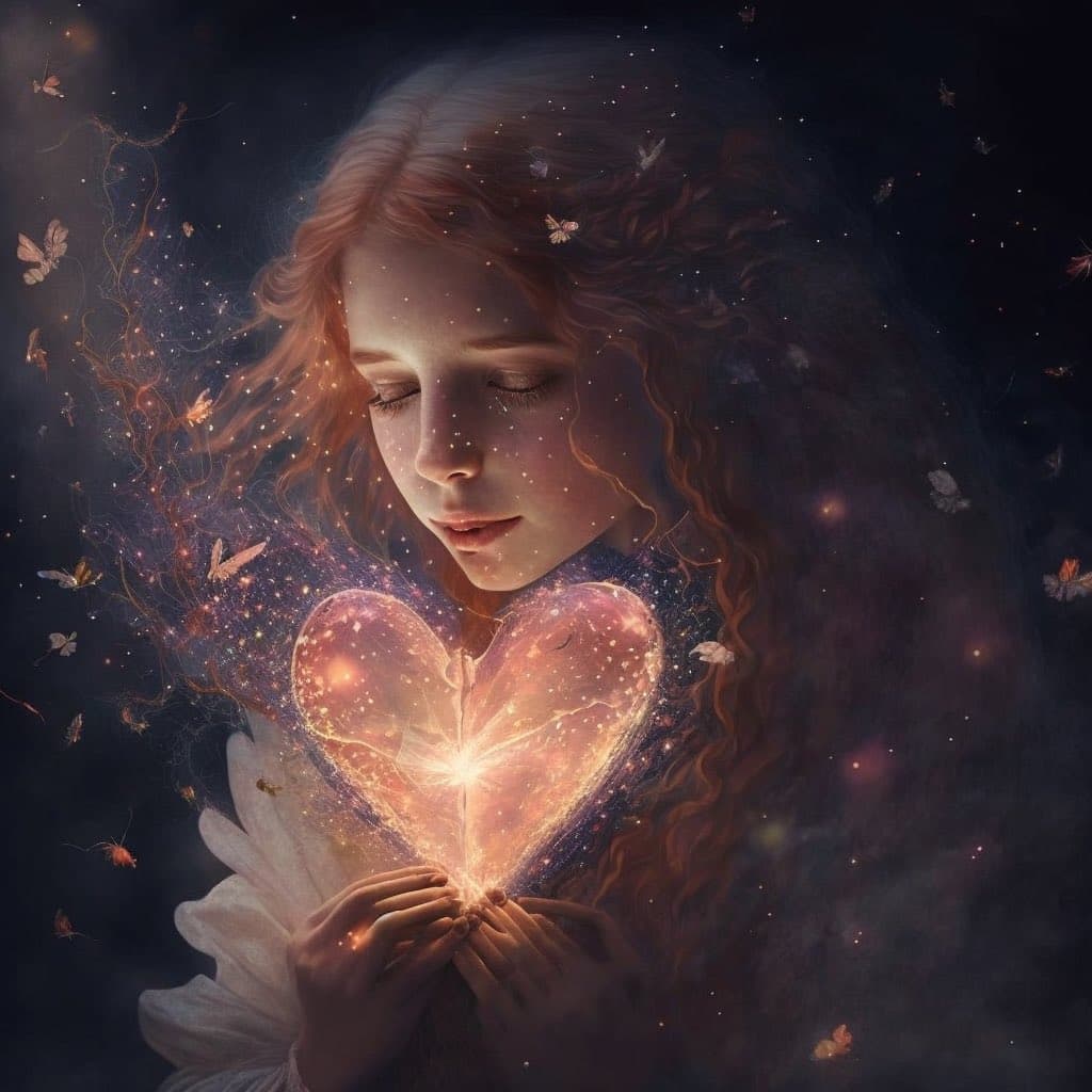 A digital fantasy illustration of a young woman with long, wavy reddish-brown hair holding a glowing, translucent heart in her hands. The heart emits a warm light and is surrounded by floating particles and small butterflies against a dark, starry background.