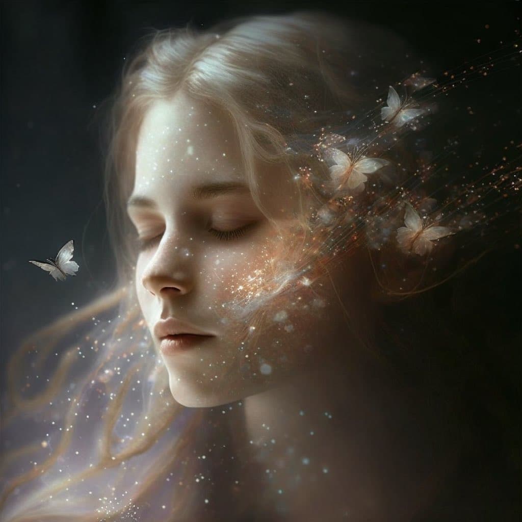 A digital artwork depicting a young woman with her eyes closed in a serene expression, her hair dissolving into a stream of glowing particles and butterflies against a dark background.