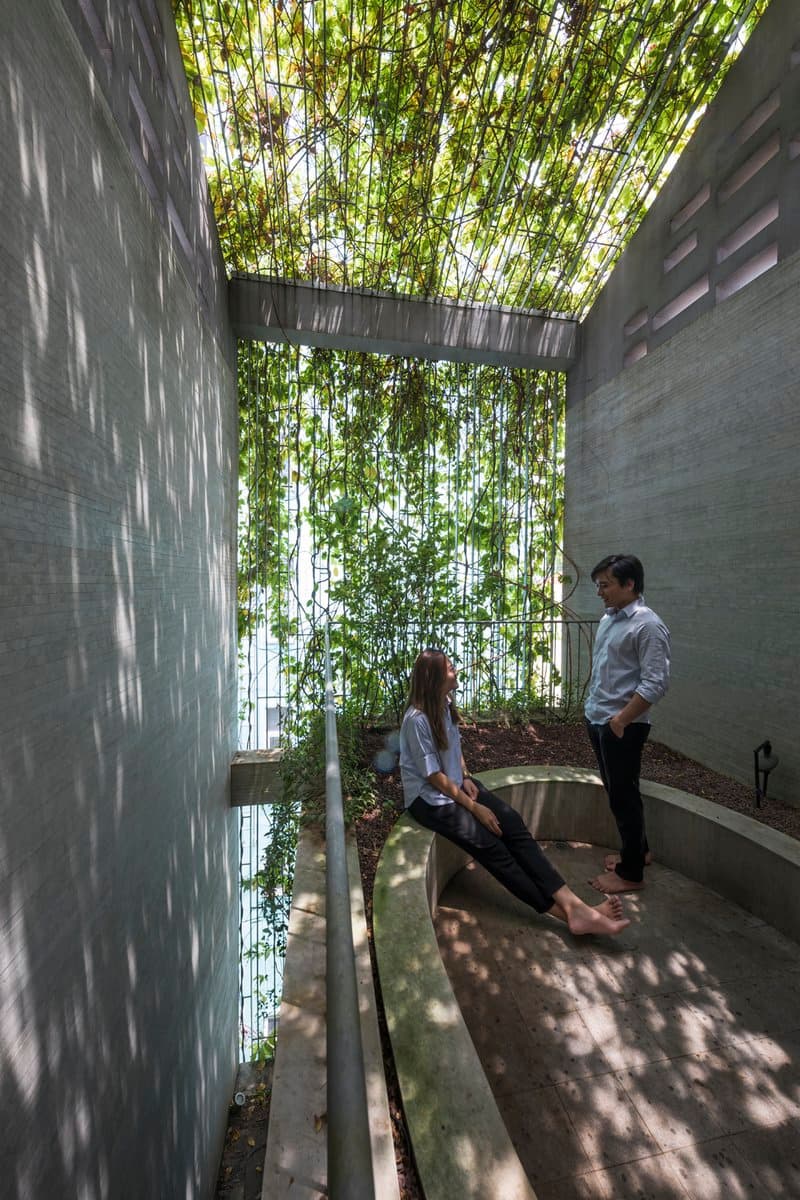 A photograph of a modern architectural courtyard featuring two people sitting and standing on a curved concrete bench. The space is enclosed by tall concrete walls and a glass roof covered in climbing green vines, creating a shaded, garden-like atmosphere.