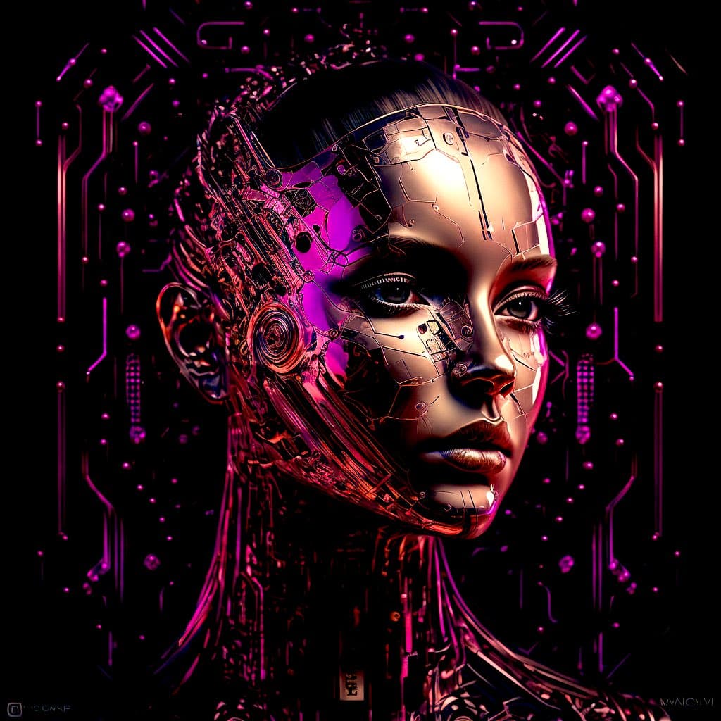 A digital artwork depicting a futuristic, cybernetic female face with a metallic, circuit-board texture on the left side, set against a dark background with glowing purple and pink neon circuit lines.