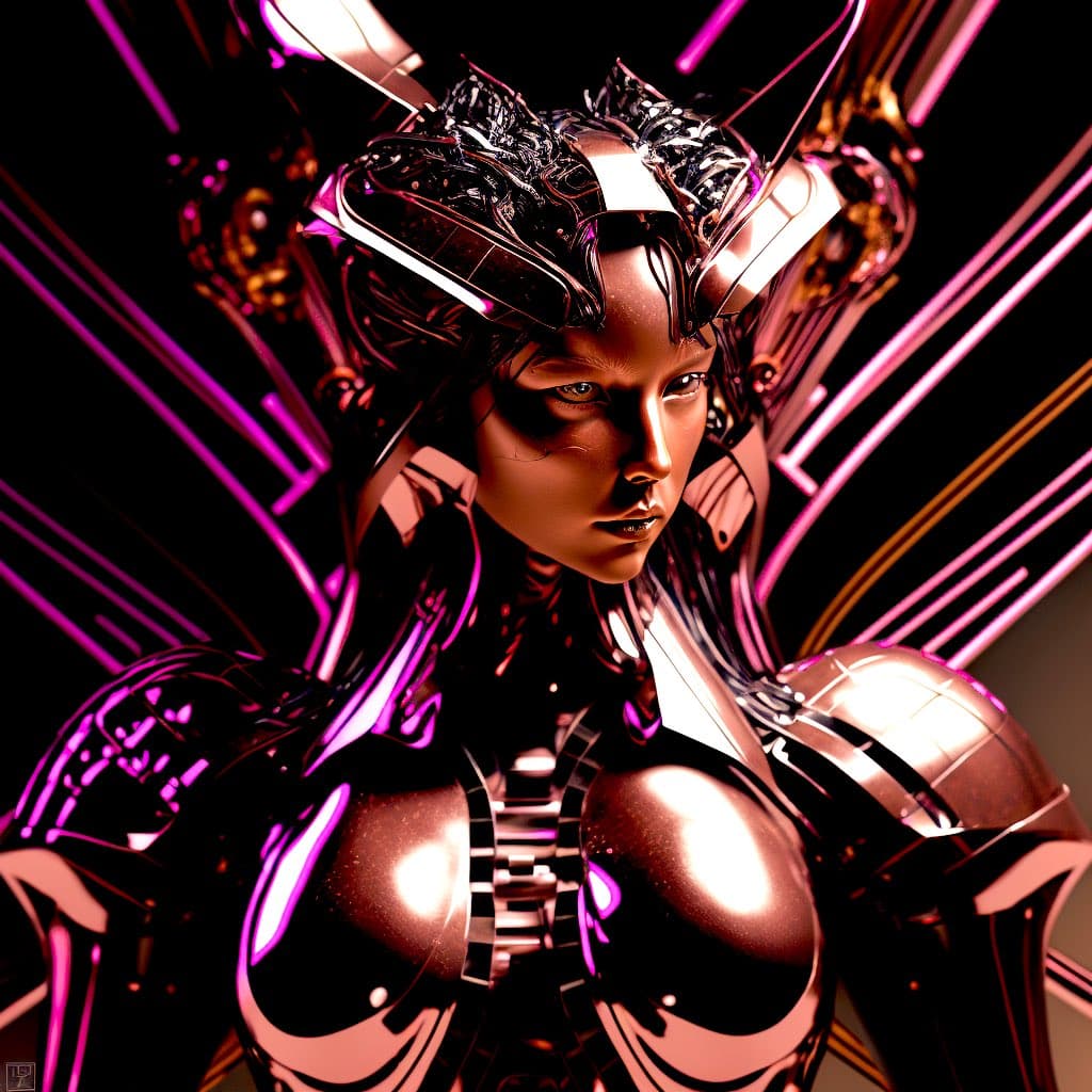 A digital artwork depicting a humanoid figure with a metallic, chrome-like appearance, featuring a reflective surface and intricate mechanical details. The figure is illuminated by vibrant pink and purple neon lights against a dark background, creating a futuristic and cyberpunk aesthetic.