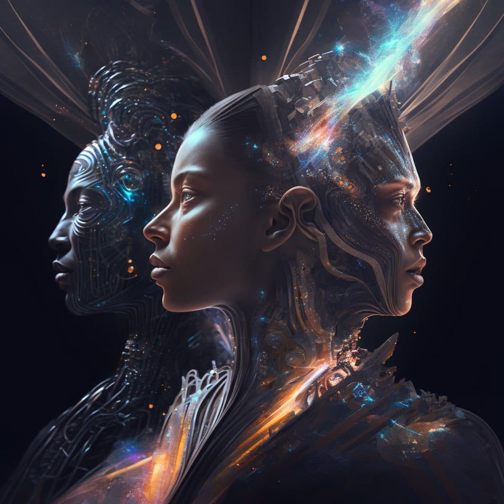 A digital artwork depicting three overlapping, profile-view faces of a person with dark skin, rendered in a futuristic, cybernetic style with intricate mechanical and glowing light patterns integrated into their heads and bodies. The background is dark, highlighting the luminous blue and orange energy effects within the figures.