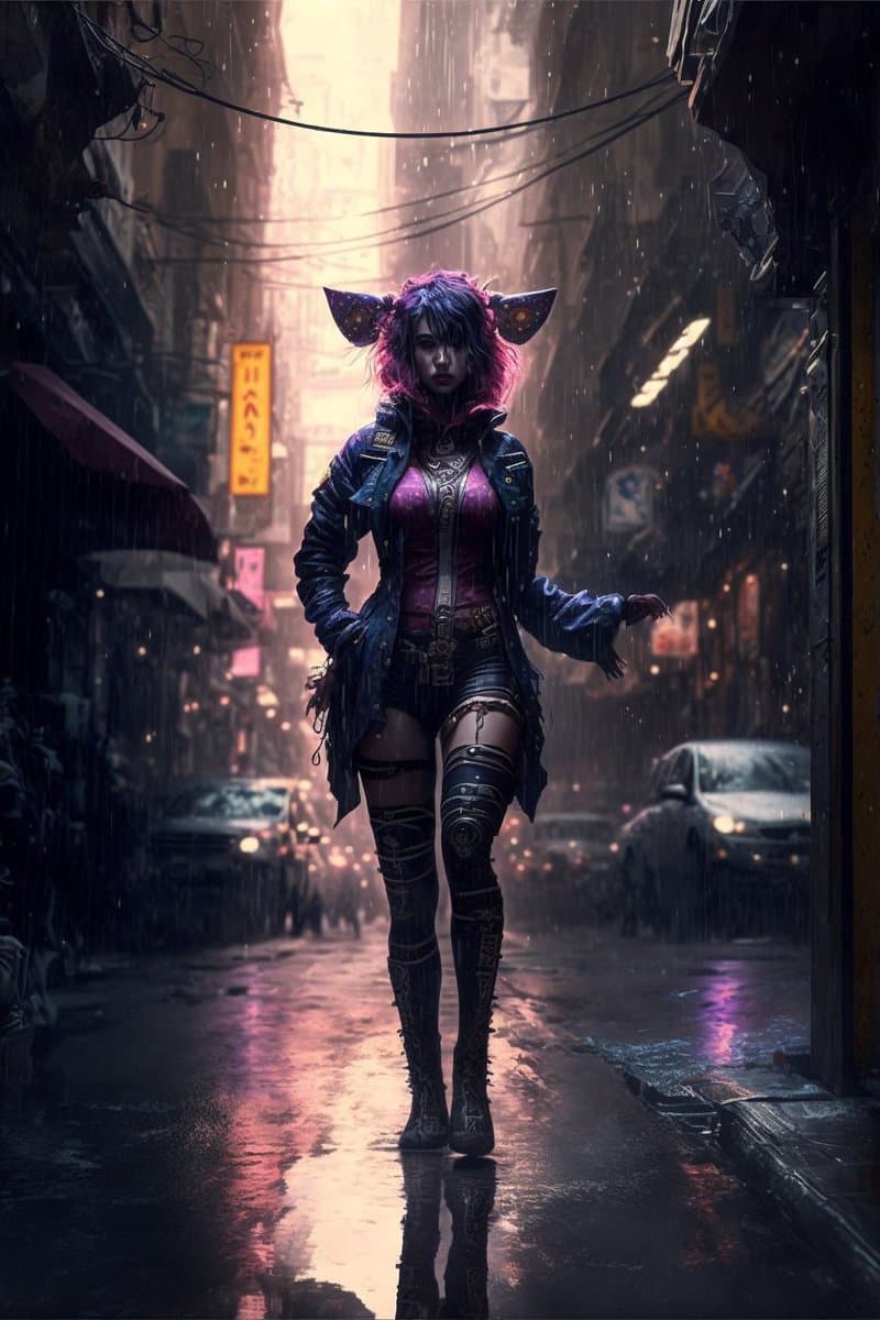 A digital illustration of a female character with pink hair and cat-like ears, wearing a blue jacket and dark boots, standing in a rainy, neon-lit city street at night. The scene features wet pavement reflecting the ambient light, with blurred cars and buildings in the background.