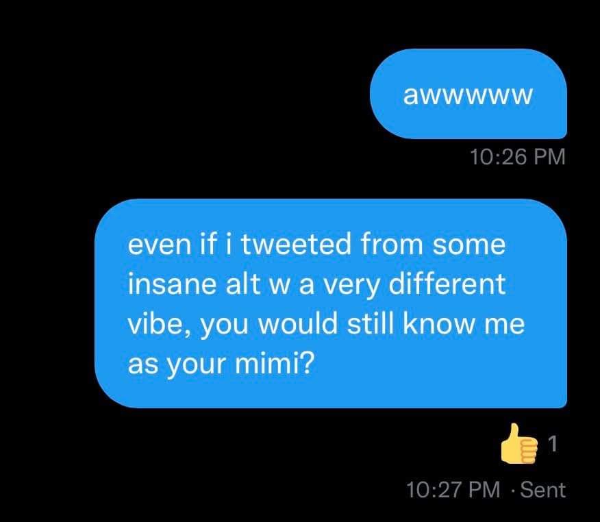 A screenshot of a text message conversation on a dark background, showing two blue message bubbles. The first bubble contains the text 'awwwww' and is timestamped 10:26 PM. The second, larger bubble contains a longer message and is timestamped 10:27 PM with a 'Sent' status and a thumbs-up reaction.
