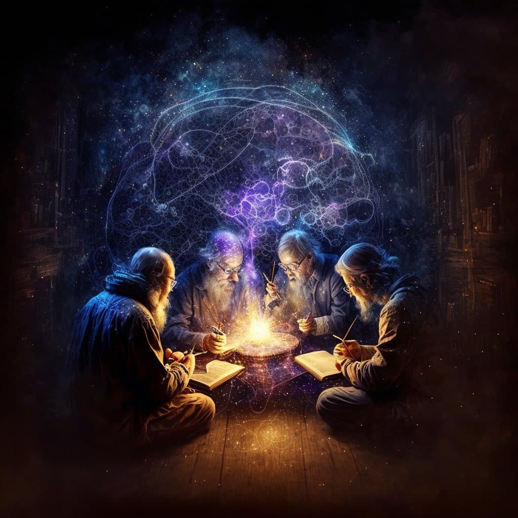 A digital illustration depicts four bearded men sitting in a circle around a glowing, magical orb, with a large, ethereal brain-like structure of light and smoke rising above them. The scene is set in a dark, library-like room with tall bookshelves in the background.