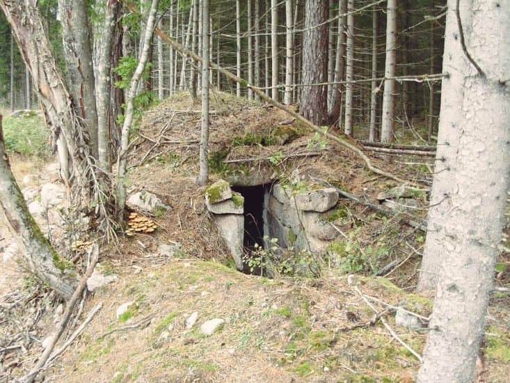 A photograph of a small, dark, stone-walled bunker or shelter built into a hillside in a forest, with a moss-covered roof and a narrow entrance.