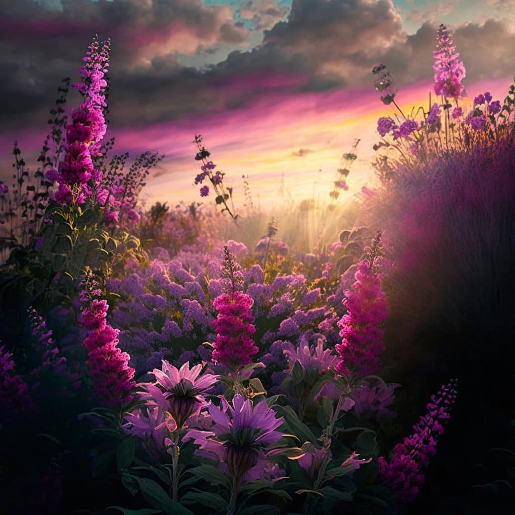 A vibrant, painterly landscape image of a field filled with tall purple and pink wildflowers under a dramatic sunset sky. The sun shines brightly through the clouds, casting a warm glow over the scene. There is no text present in the image.