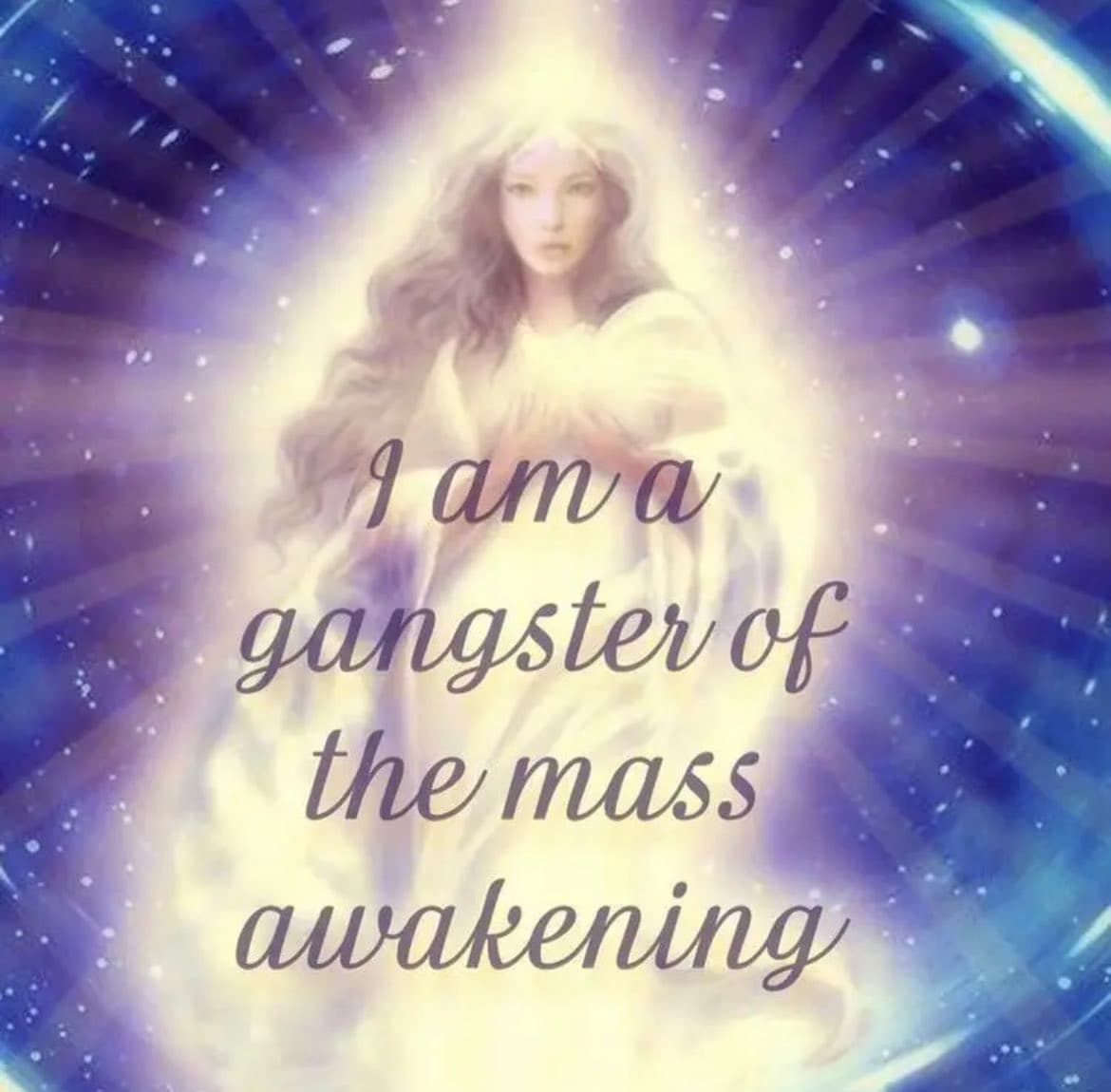 A digital art image featuring a glowing, ethereal figure with long hair against a cosmic, starry background with radiating light beams. The image contains overlaid text in a cursive font. The figure appears to be a stylized, spiritual or angelic being.