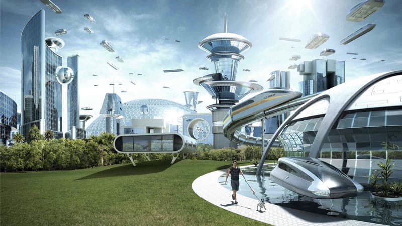 A digital illustration of a futuristic city featuring sleek, curved skyscrapers, flying vehicles, and a person walking a small robot on a leash in a grassy park area.