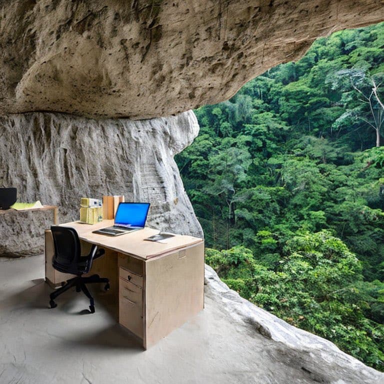 A photograph of a wooden office desk with a laptop and chair, set up on a concrete ledge beneath a large rock overhang overlooking a lush green forest.