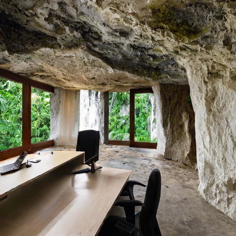 A modern office space built into a natural rock cave, featuring a long wooden desk with a laptop and monitor, black office chairs, and large windows looking out onto lush green foliage.