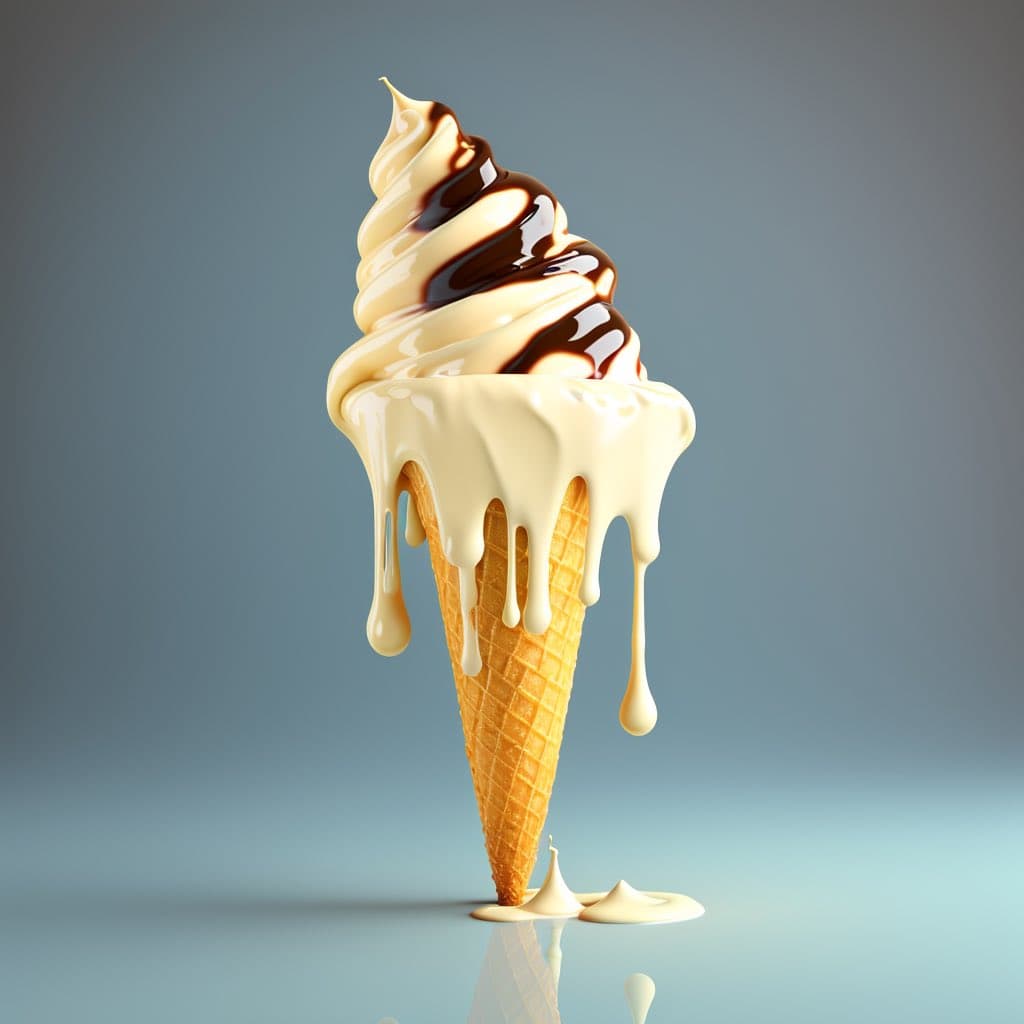 A digital illustration of a soft-serve ice cream cone with a swirl of vanilla and chocolate drizzle, shown melting and dripping onto a reflective surface against a blue-gray background.