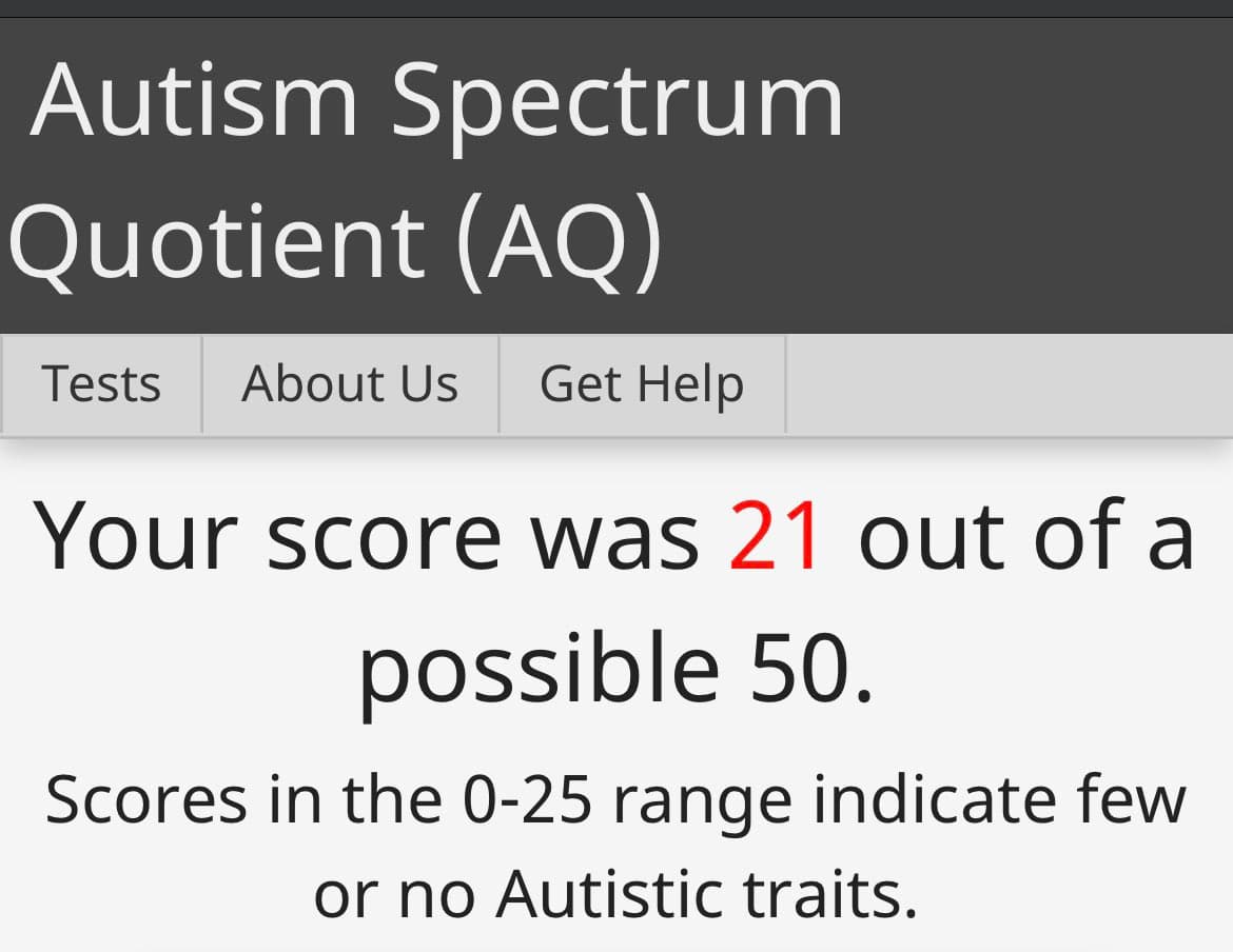 A screenshot of an online Autism Spectrum Quotient (AQ) test result page. The page displays a score of 21 out of a possible 50, with a note that scores in the 0-25 range indicate few or no Autistic traits.