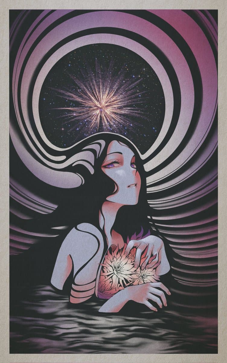 A stylized digital illustration of a woman with dark hair and purple eyes, holding a large white flower to her chest while submerged in dark water. Above her head is a circular void filled with a starburst or galaxy, framed by concentric, swirling rings in shades of purple and black.