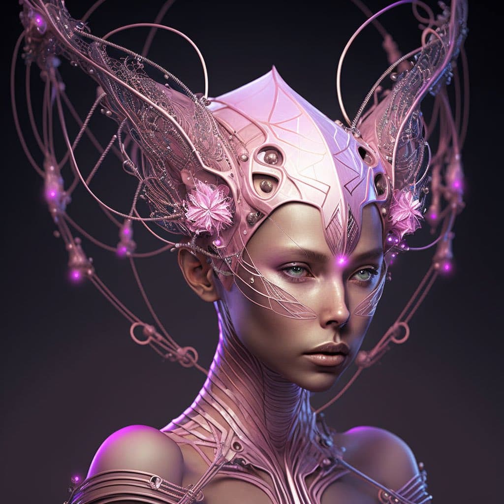 A digital artwork depicting a humanoid figure with pale skin, wearing an elaborate, futuristic headpiece made of metallic wires, filigree, and glowing purple accents. The figure has a serene expression and is adorned with intricate, circuit-like patterns on their neck and shoulders.