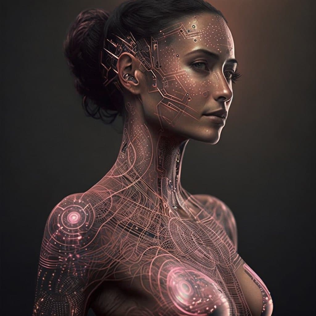 A digital artwork depicting a woman with a futuristic, cybernetic appearance, featuring glowing circuit-like patterns and mechanical elements integrated into her skin. The image has a dark background that highlights the intricate, illuminated details on her face, neck, and shoulders.