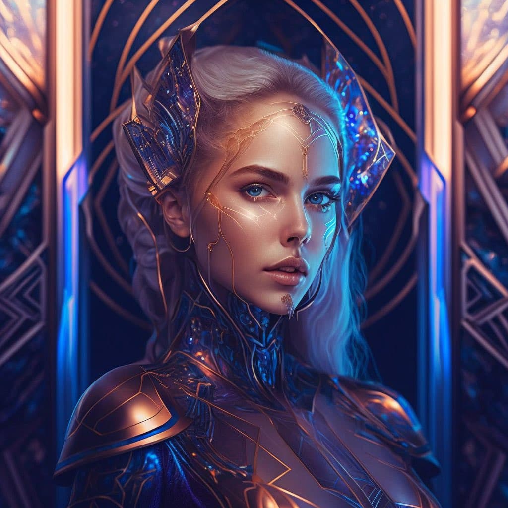 A digital fantasy portrait of a woman with pale skin, blue eyes, and white hair, wearing ornate, glowing blue and gold armor and headpiece. She is framed by a decorative, illuminated archway with intricate geometric patterns. The image has a high-contrast, sci-fi aesthetic with strong blue and orange lighting.