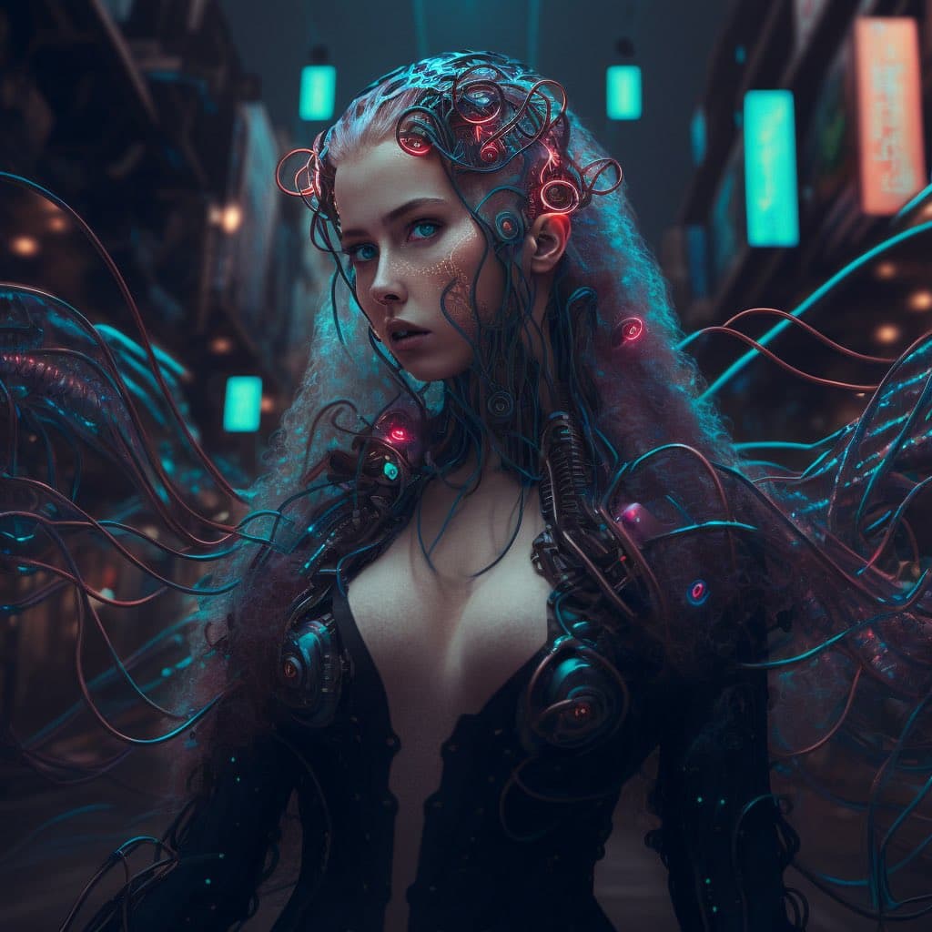A digital artwork depicting a woman with long, wavy hair integrated with glowing red and blue cybernetic implants and wires, set against a dark, futuristic background with neon lights. She wears a dark, structured outfit with mechanical elements on the shoulders and chest.