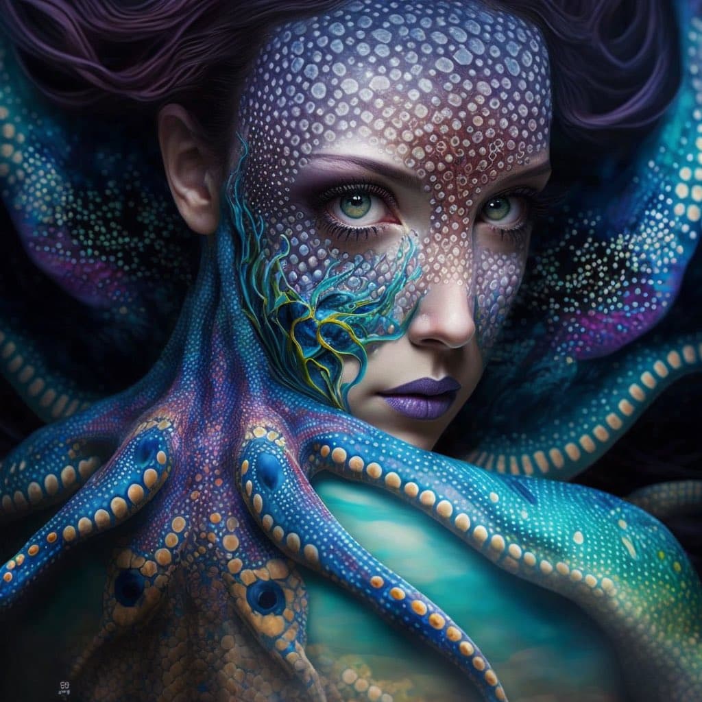 A surreal digital artwork depicting a person with a face partially covered in blue and purple octopus tentacles and suction cups. The figure has green eyes, purple lips, and dark hair, with the tentacles wrapping around their head and shoulders in a vibrant, detailed pattern.