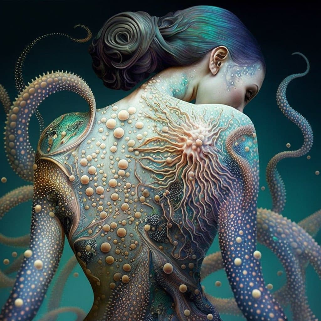 A surreal digital illustration of a person viewed from behind, whose skin and hair blend into octopus tentacles and cephalopod textures. The figure has a human head with blue-green hair, while their back and arms are covered in octopus suckers and organic, web-like patterns against a dark teal background.