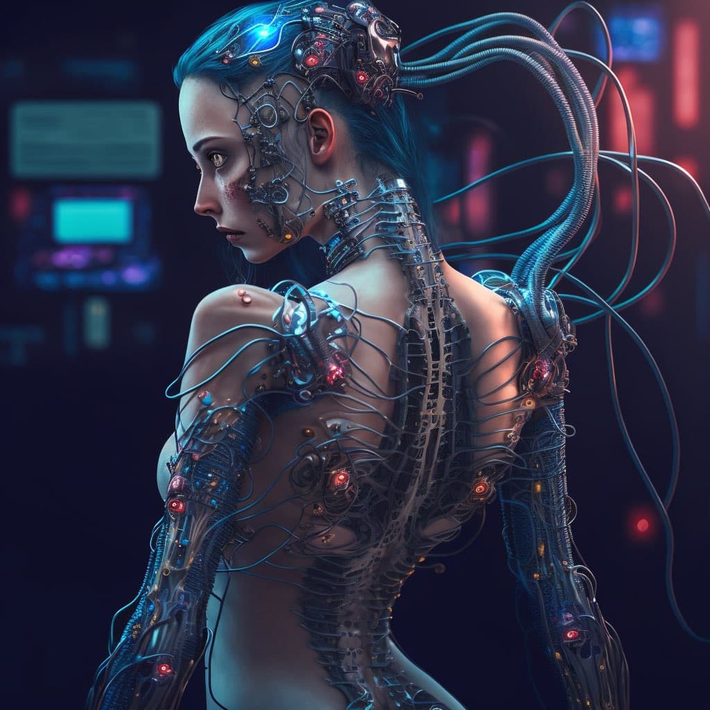 A digital artwork depicting a humanoid figure with a cybernetic, mechanical body featuring exposed wires, circuitry, and glowing red and blue lights. The figure has blue hair and is shown in profile against a dark, futuristic background with blurred screens.