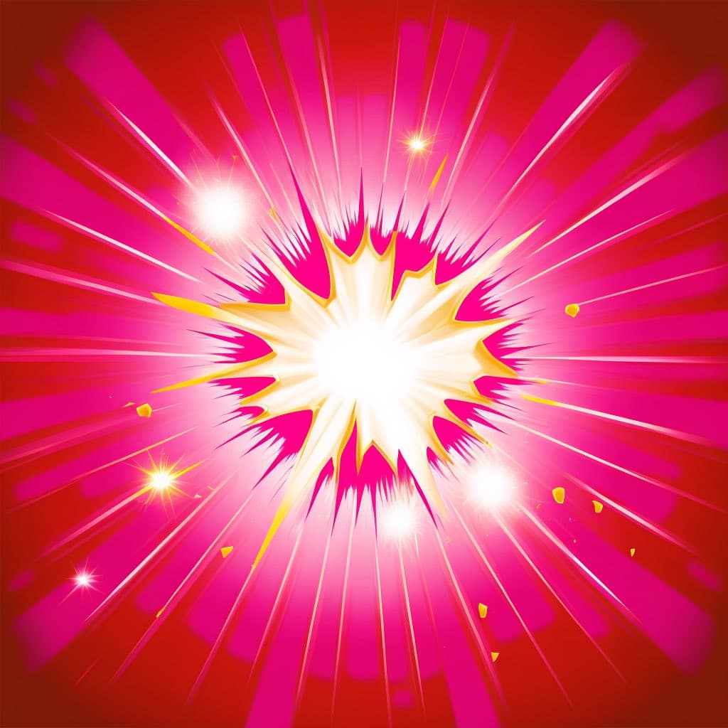 A vibrant digital illustration of a bright, starburst-shaped explosion in white and yellow against a hot pink and red background, with radiating light beams and small sparkles. The image has a dynamic, comic-book style aesthetic.