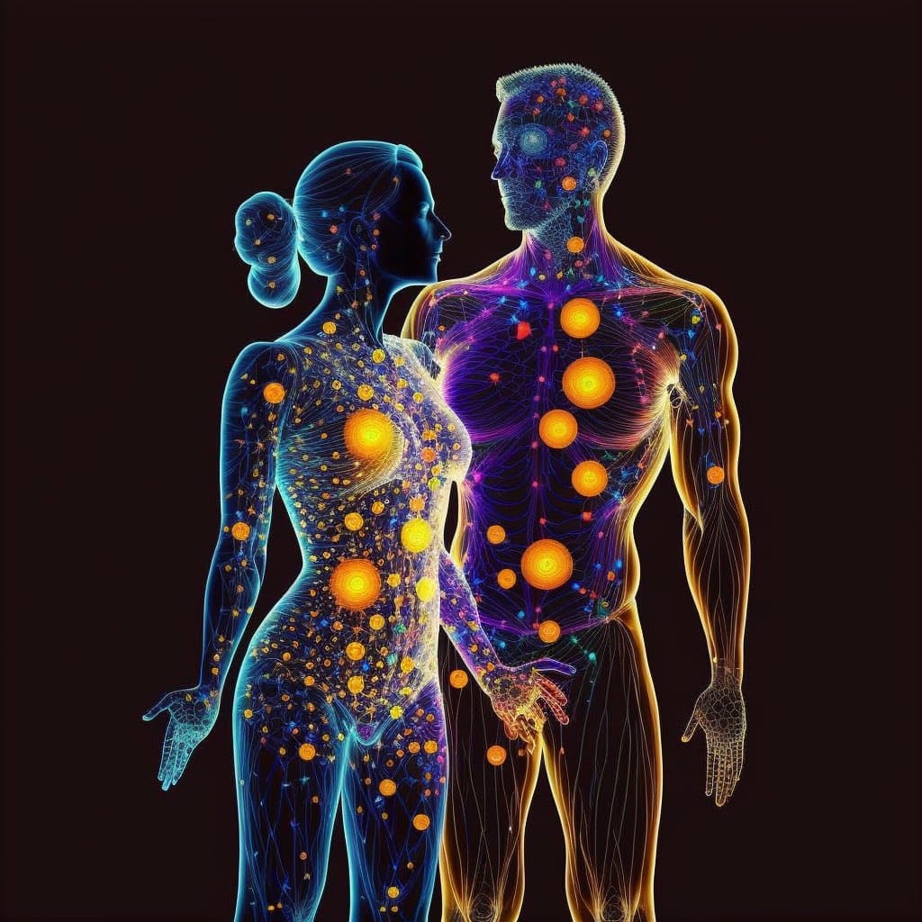 A digital illustration of a man and a woman standing side-by-side, depicted as glowing, wireframe-like figures with internal networks of light. Their bodies are filled with interconnected lines and glowing orange orbs, resembling energy centers or chakras, set against a black background.