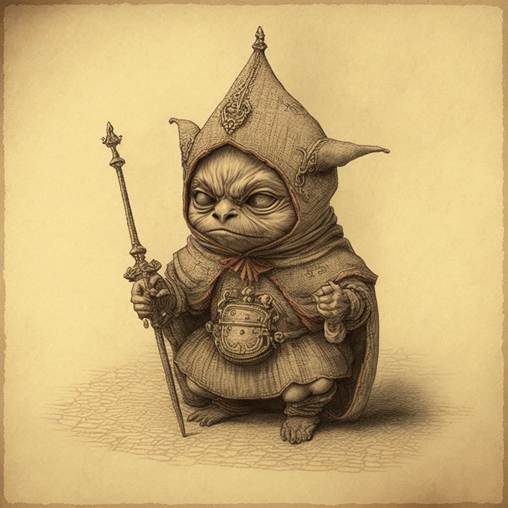 A sepia-toned digital illustration of a small, grumpy-looking creature wearing a pointed wizard's hat and robe, holding a staff. The character has a stern expression and stands on a cracked, parchment-like surface.