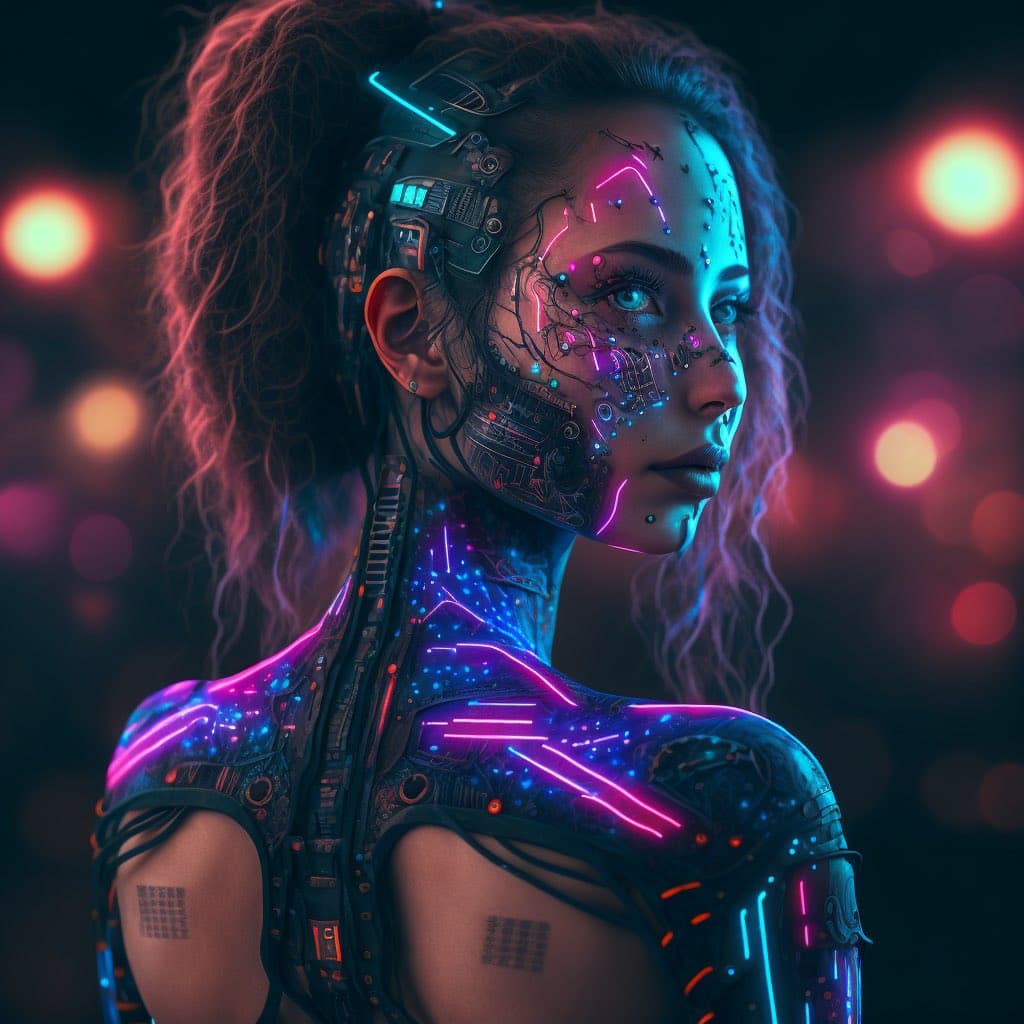 A digital artwork depicting a person with a cybernetic, futuristic appearance, featuring glowing neon circuitry and mechanical components integrated into their skin and hair. The image has a vibrant, high-contrast style with pink, blue, and orange lighting against a dark, bokeh background.