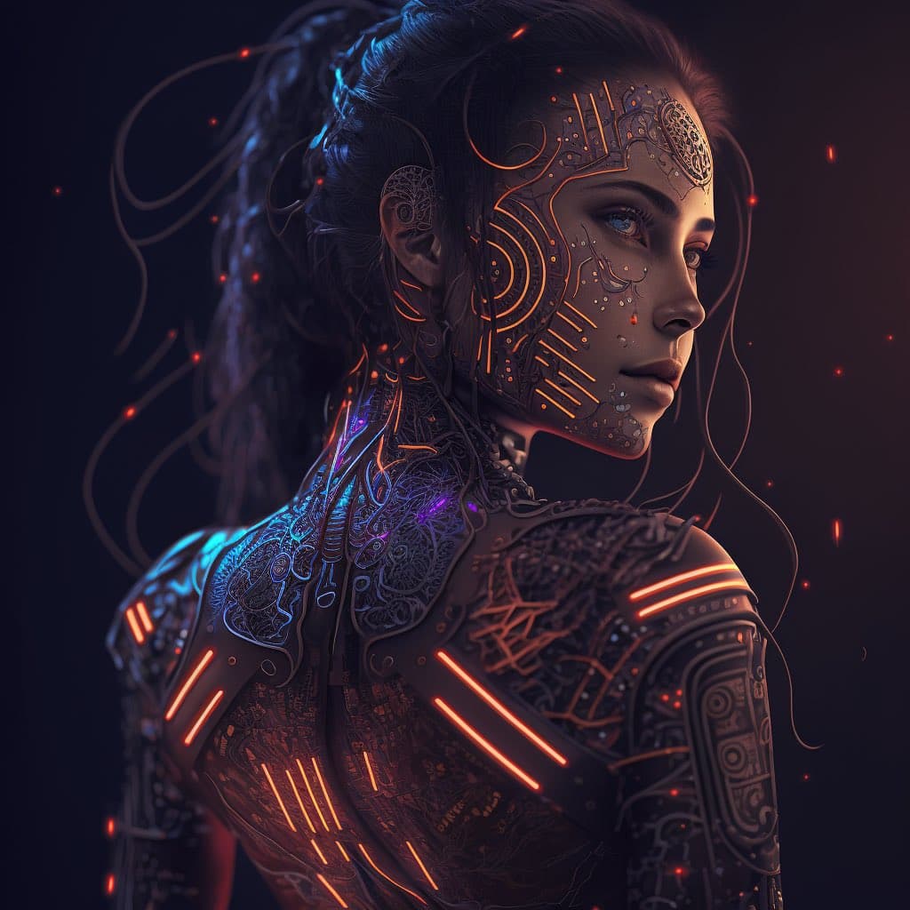 A digital artwork depicting a female cyborg or android with intricate circuitry and glowing orange and blue lights embedded in her skin and body. The image has a dark, futuristic aesthetic with a focus on the character's profile and detailed mechanical features.