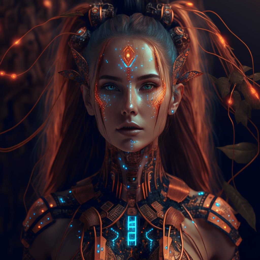 A digital artwork depicting a humanoid figure with a human-like face and long hair, integrated with intricate mechanical and cybernetic elements. The figure features glowing blue and orange lights on its face, neck, and chest, with visible circuitry and metallic components. The background is dark with organic, vine-like structures and glowing nodes.