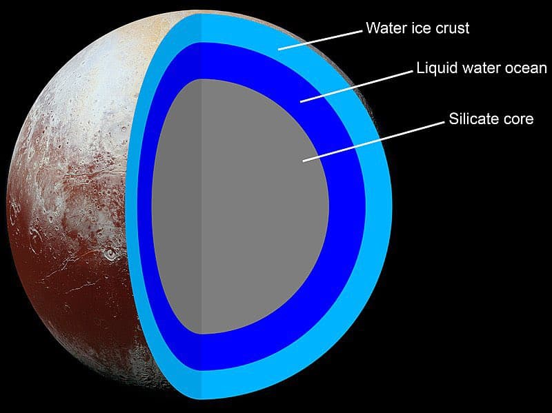 A scientific diagram showing a cross-section of the planet Pluto, illustrating its internal structure with a water ice crust, a liquid water ocean, and a silicate core.
