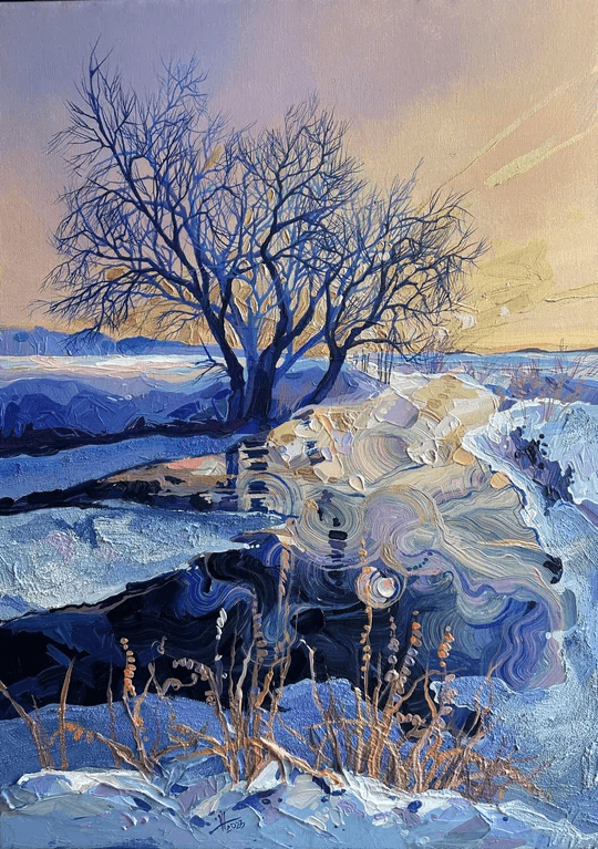 A digital painting depicting a serene winter landscape at dusk or dawn, featuring a bare tree standing in a snowy field with a body of water in the foreground. The scene is rendered in cool tones of blue and purple, with warm light reflecting on the horizon and the water's surface.