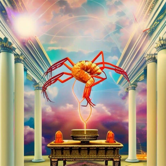 A surreal digital illustration depicting a cooked shrimp floating in a heavenly setting with white pillars and a bright light source, connected by a glowing string to an altar below. The scene is framed by classical columns and a colorful, cloudy sky.
