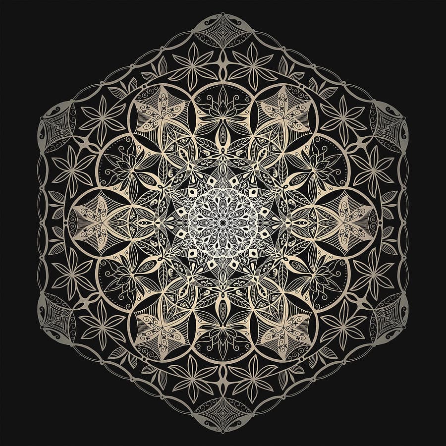 A digital illustration of a complex, symmetrical mandala pattern featuring floral and geometric motifs in white and beige against a black background. The design is centered and radiates outward in a circular formation.