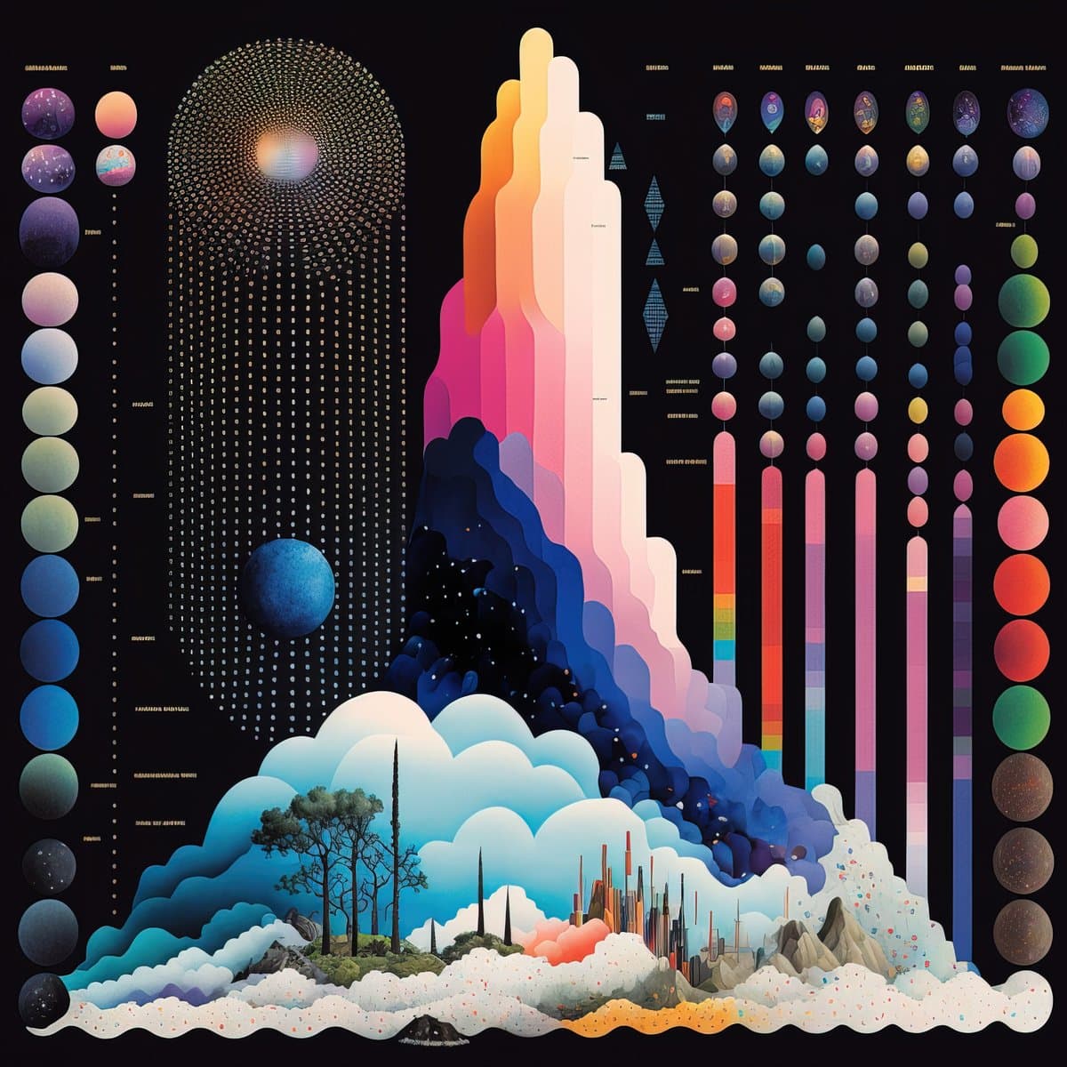 A colorful, abstract data visualization poster featuring a stylized landscape with mountains, clouds, and trees, overlaid with various charts including bar graphs, dot matrices, and columns of colored spheres. The image uses a vibrant palette of blues, pinks, oranges, and purples against a black background to represent different data sets.