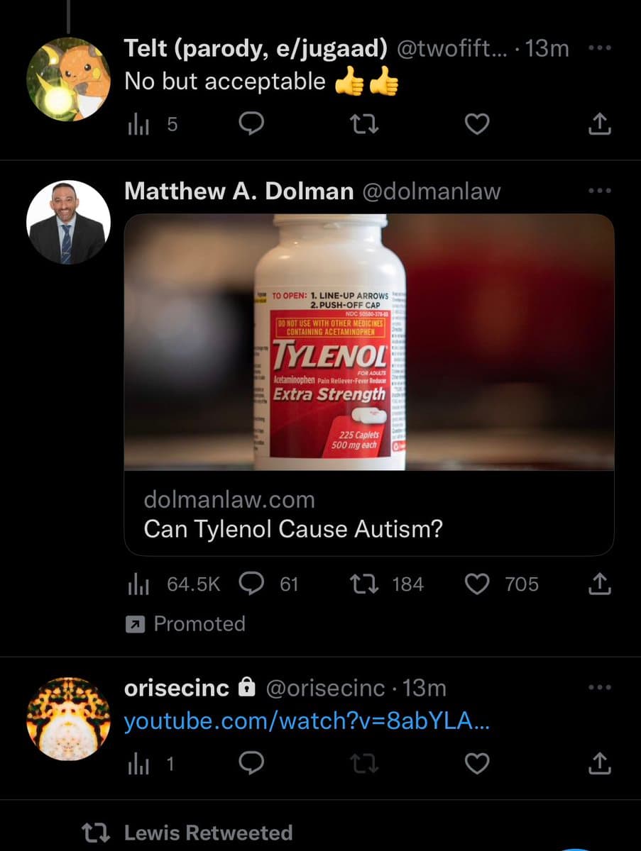 A screenshot of a Twitter feed showing a promoted tweet from Matthew A. Dolman (@dolmanlaw) featuring an image of a Tylenol bottle and a link to an article titled 'Can Tylenol Cause Autism?'. The tweet is being replied to by another user, Telt, who comments 'No but acceptable'.