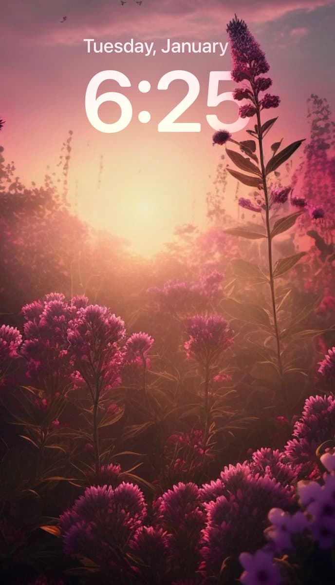 A smartphone lock screen displaying a digital clock and date over a scenic wallpaper of purple wildflowers in a field at sunrise or sunset. The image has a warm, hazy glow with a prominent flower stalk on the right side.
